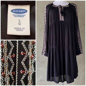 “Old Navy” Black Rayon Peasant Dress Embroidery size L